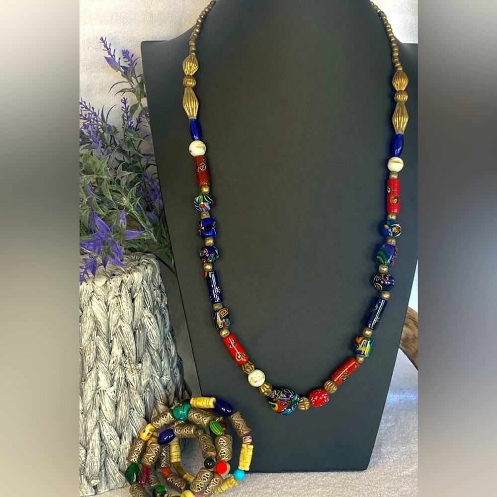 Handmade hand painted Mayan Runes matching necklace and bracelet set